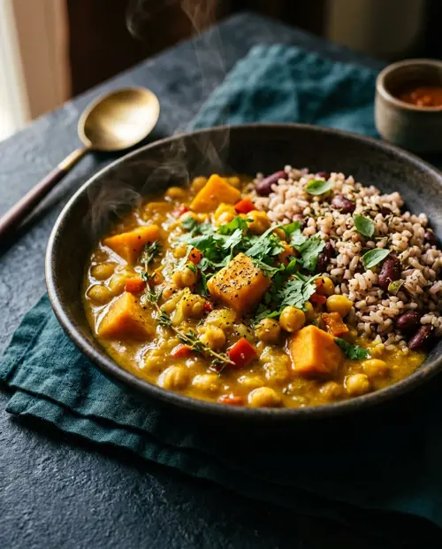 Chickpea and sweet potato curry with rice and peas