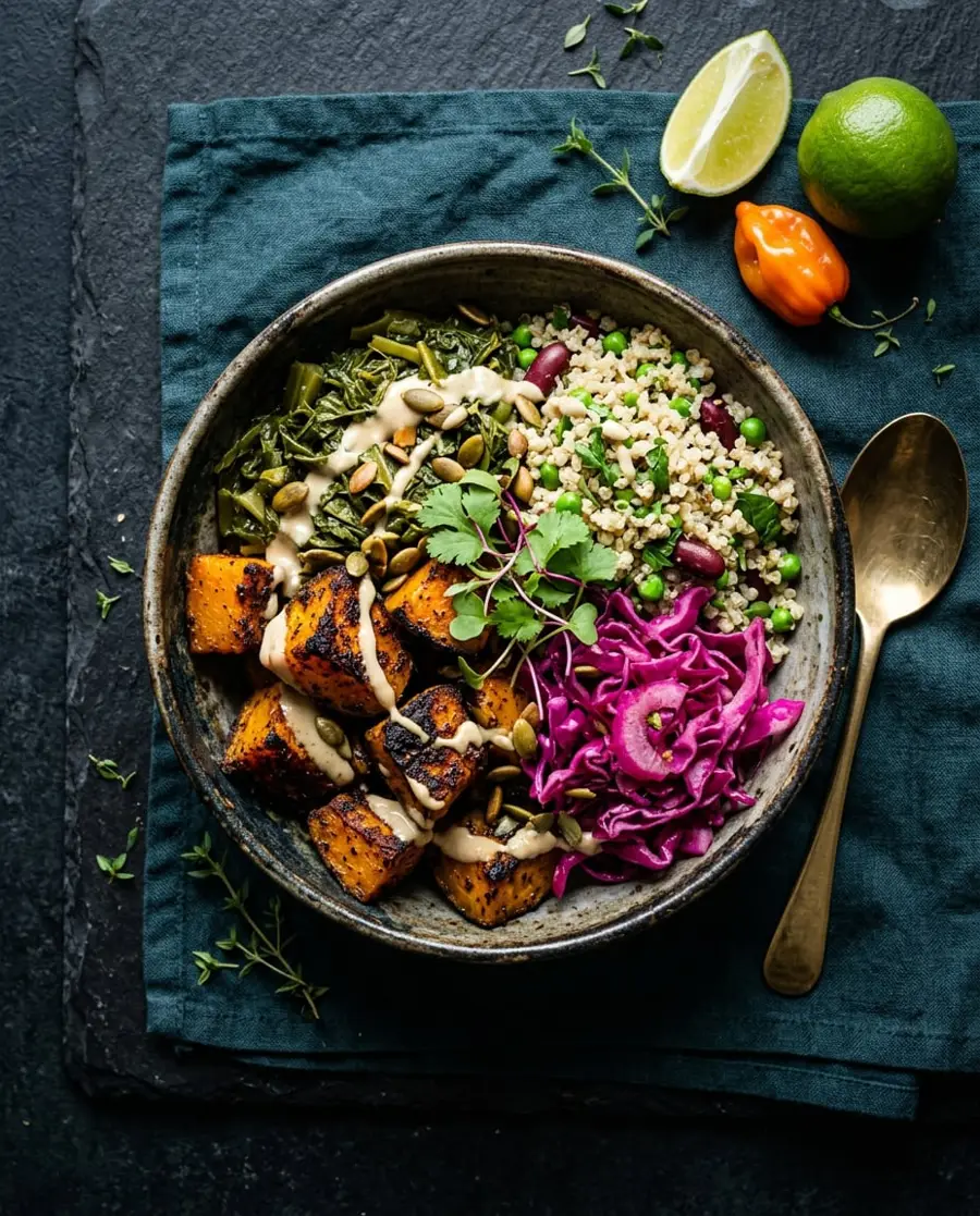 Charred jerk-spiced pumpkin, callaloo, coconut quinoa and pickled red cabbage in a ceramic bowl