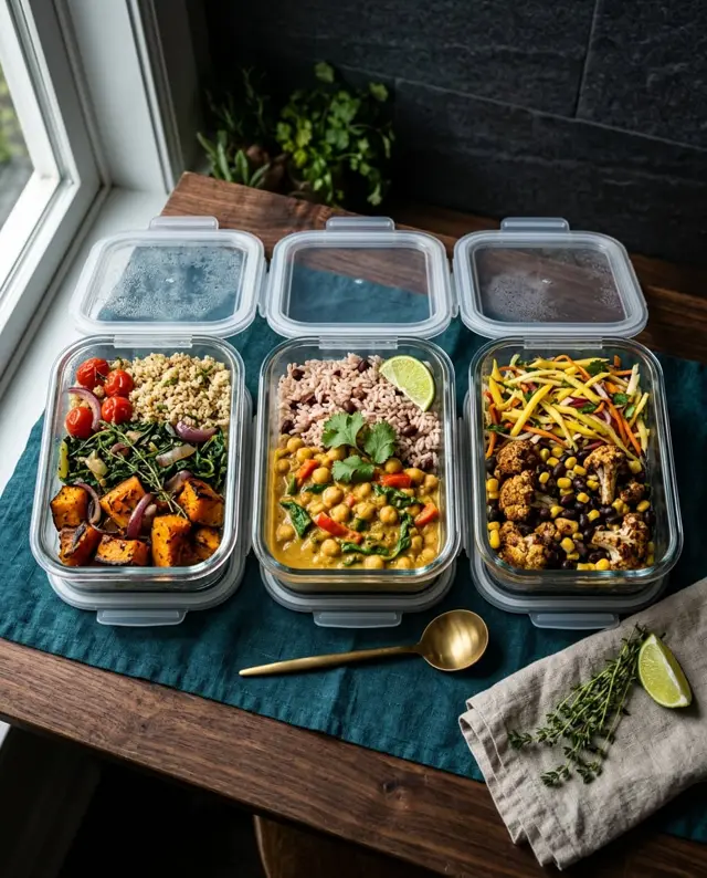 Three glass meal-prep containers of colourful Caribbean plant-based meals