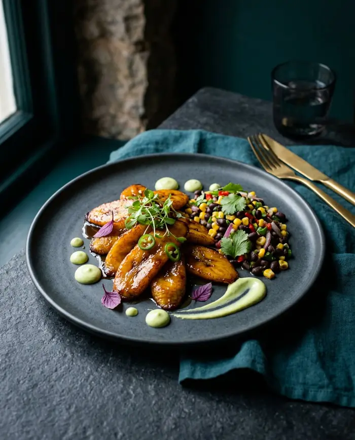 Caramelised plantain with tamarind-ginger glaze and black bean salsa
