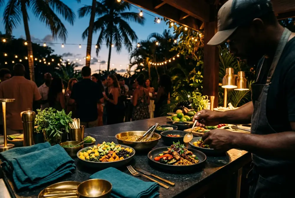 Chef plating Caribbean plant-based dishes at an evening Blue Agave pop-up under string lights